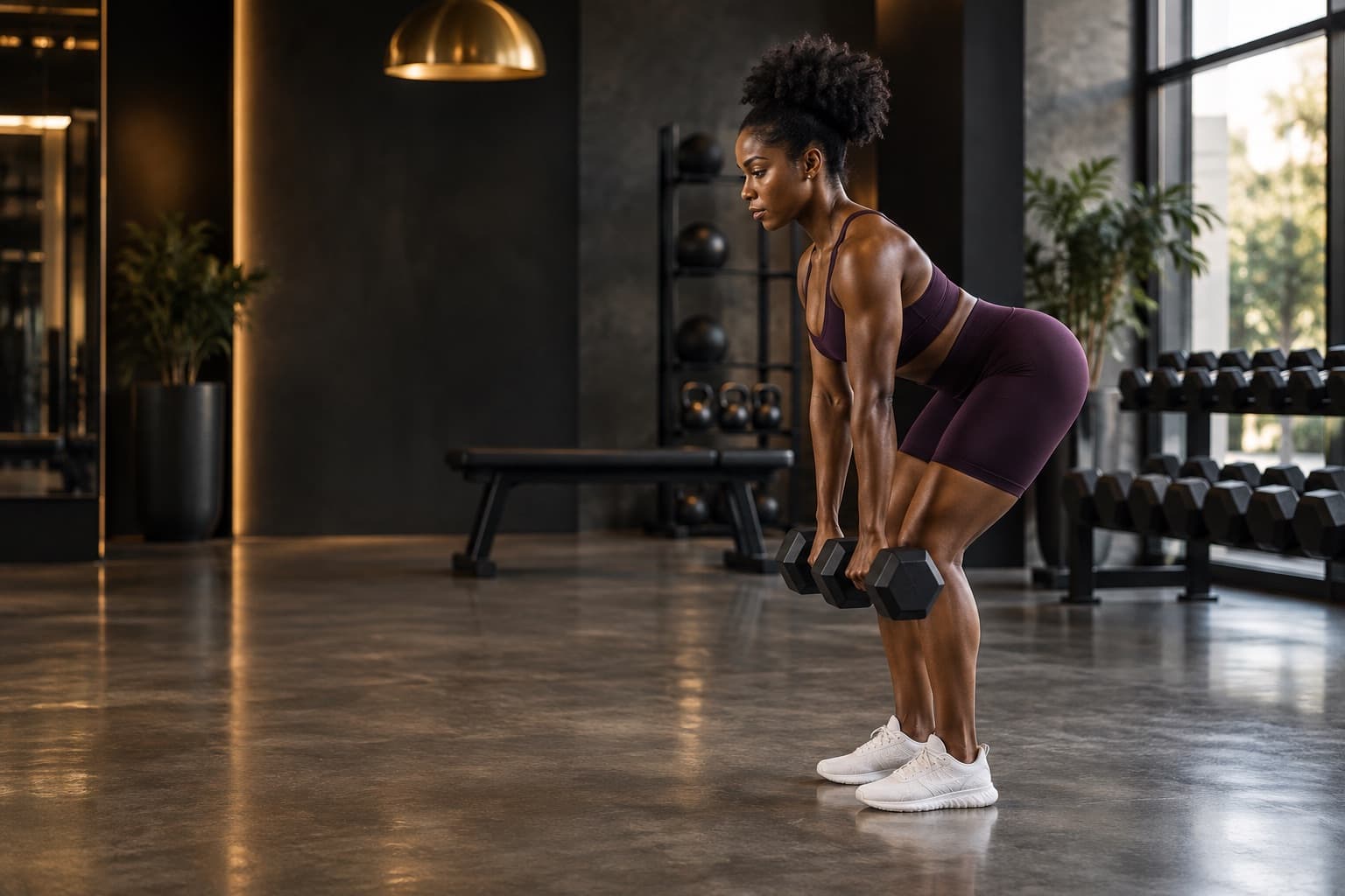 A woman performing a dumbbell Romanian deadlift in a gym