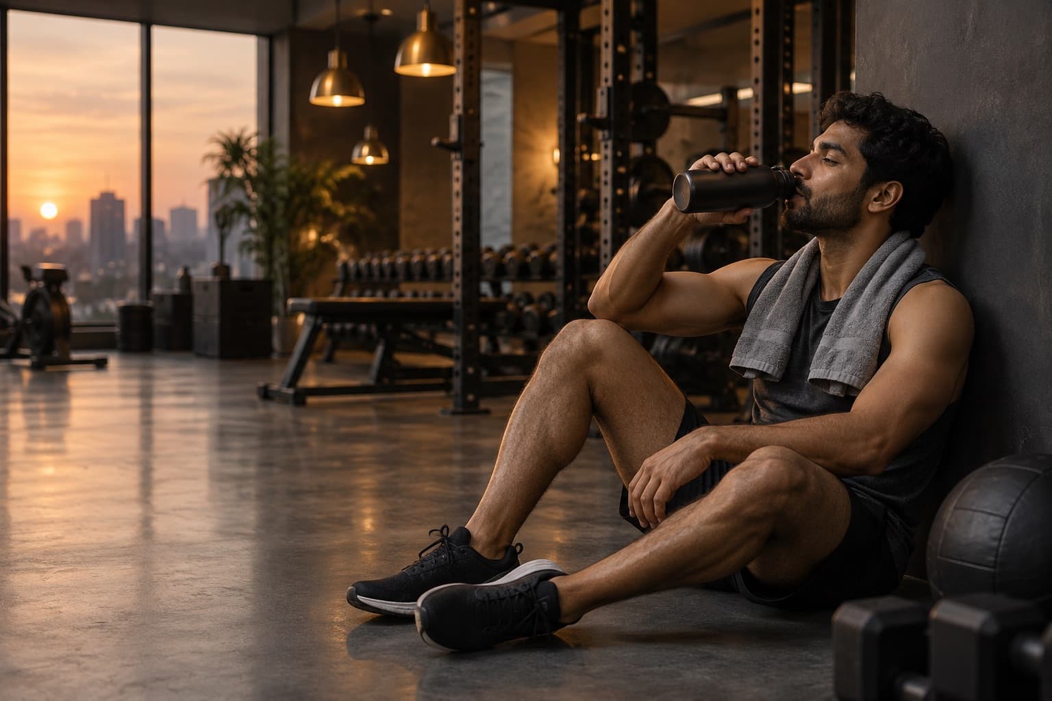 A man resting against a gym wall after a session, drinking from a steel bottle