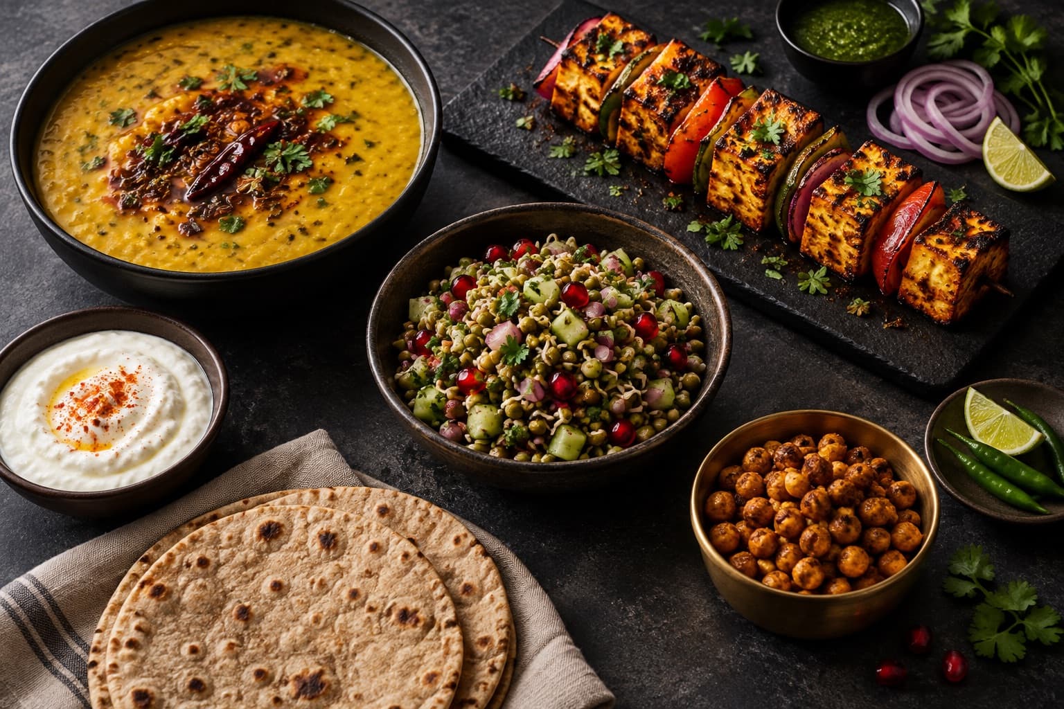 Dal, paneer tikka, sprout salad, curd and roti on dark stone