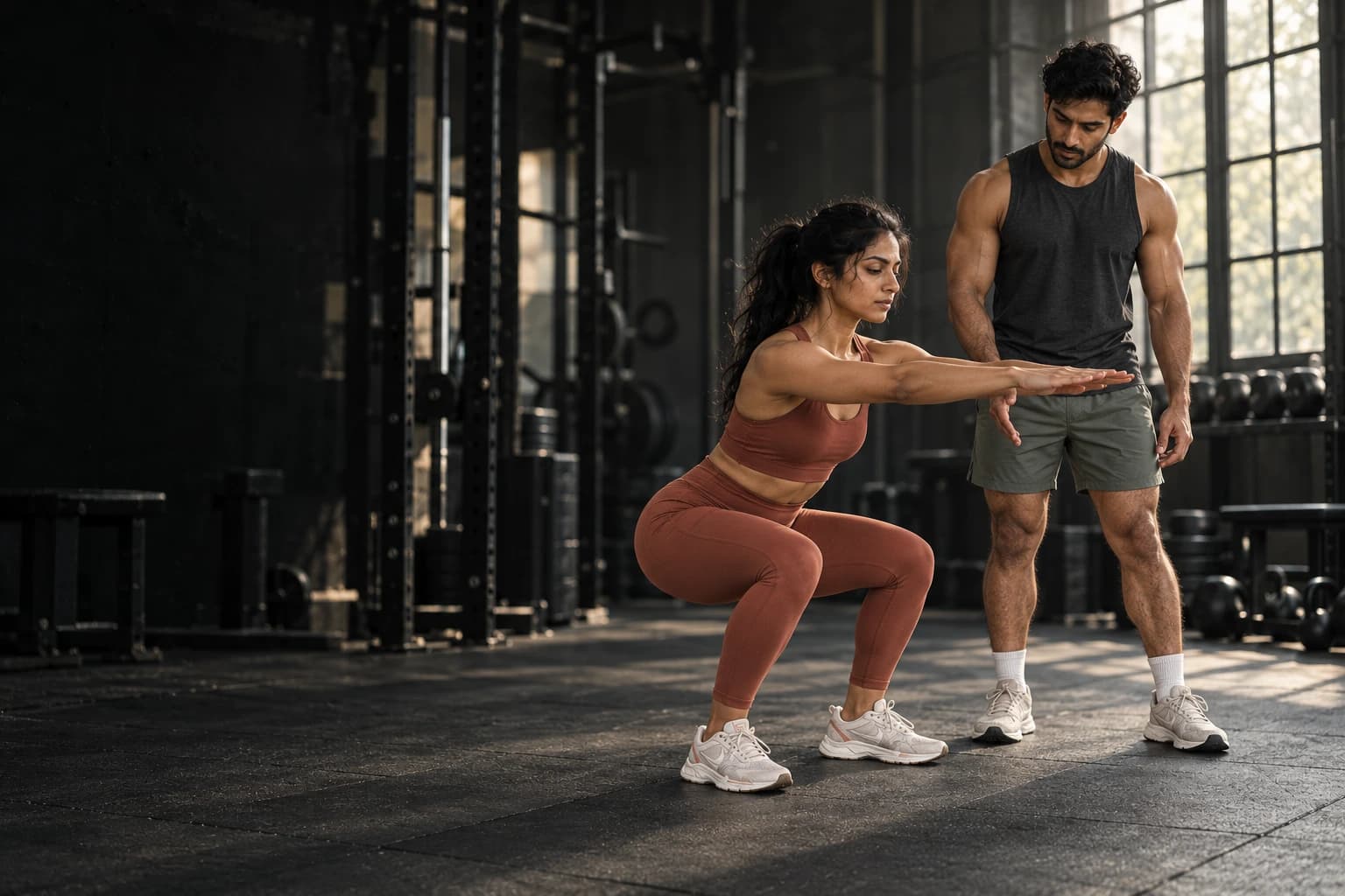 A woman practising a squat while her coach watches her form in a quiet gym