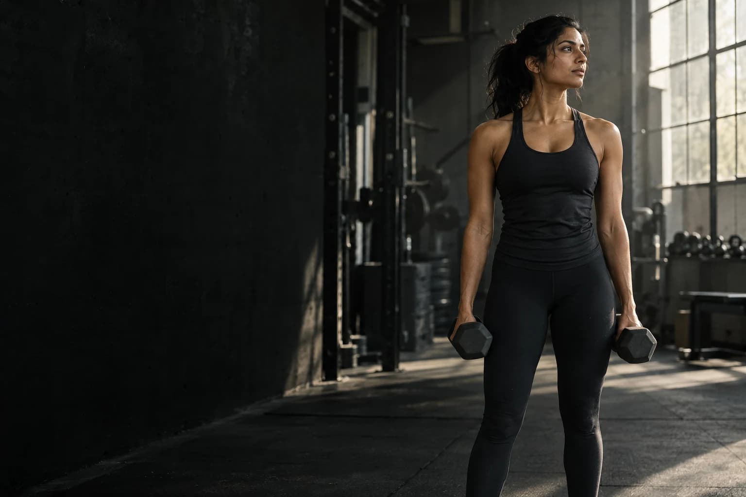 An athlete taking a quiet moment between sets in a sunlit gym